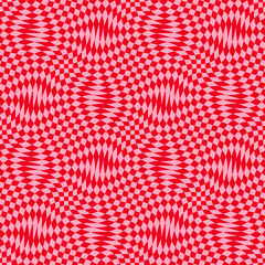 Vector seamless pattern with optical illusion effect. Simple abstract background with distorted checkered grid. Op art texture. Vibrant red and pink deformed surface. Retro groovy funky repeat design