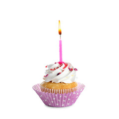 Delicious birthday cupcake with burning candle on white background