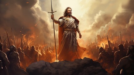 Biblical King David in the battlefield. Christian illustration. Old testament concept - obrazy, fototapety, plakaty