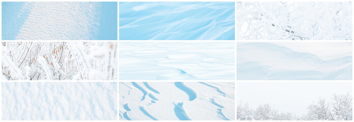 Set of snow textures. A collection of light winter backgrounds including: smooth clean white snow, wind sculpted patterns on the snowy ground, branches of trees and bushes covered with snow and frost.