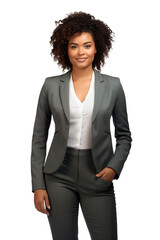 Fototapeta na wymiar Attractive African American business woman posing with elegant gray suit. Isolated on white transparent background