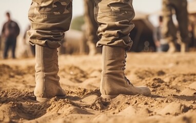 Man soldier leg in uniform and boots on the sand ground. Army defense, mobilization and conscription - obrazy, fototapety, plakaty
