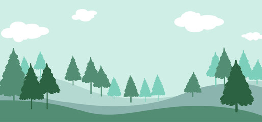 Graphic illustration of a green landscape with trees and cloud.