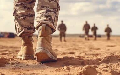 Man soldier leg in uniform and boots on the sand ground. Army defense, mobilization and conscription - obrazy, fototapety, plakaty