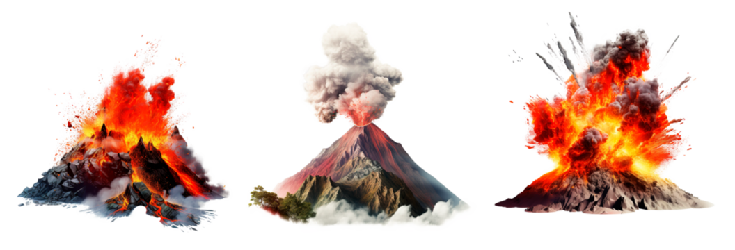 Volcanos spitting fume and lava on isolated transparent background