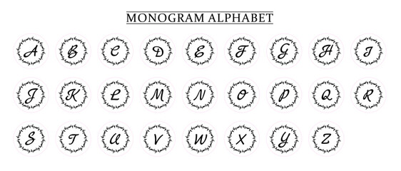 Monogram Alphabet and Floral Motifs, Monogram Letters with Line Floral Arrangements