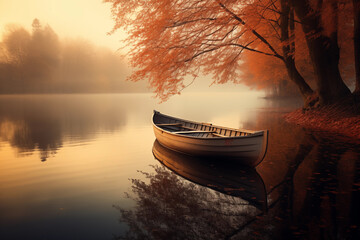 Wooden Boat on a Foggy River Morning, Surrounded by the Warm Hues of Orange Leaves