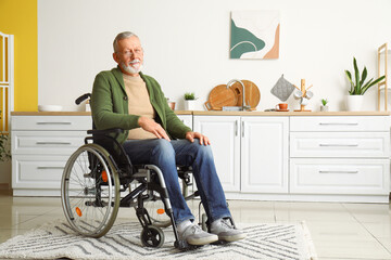 Senior man in wheelchair at home - obrazy, fototapety, plakaty