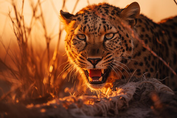 Intense Leopard Concealed in Grass, Mouth Slightly Ajar, Sharp Teeth Glimpsed, Captured During the Golden Hour