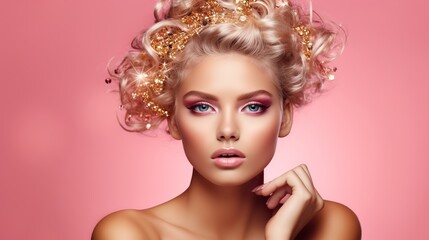 Pink Woman skin. Beauty fashion model girl with Gold Pink metallic make up, hair and jewellery on pink background. Metallic, glance Fashion art portrait, Hairstyle and make up  - obrazy, fototapety, plakaty