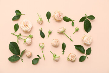 Beautiful pink roses with leaves on beige background