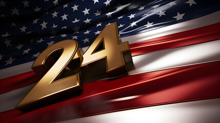 Gold 2024 new year numbers sign on USA flag background, concept of american president elections