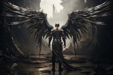 Warrior angel after the battle with massive wings. rear view