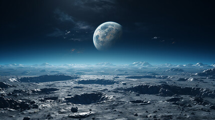 A cinematic view of Earth from the moon surface is a reminder of our place in the universe. ai...