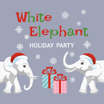 Invitation to the White Elephant Christmas Party. Cute poster template for the White Elephant gift exchange game. Vector illustration.