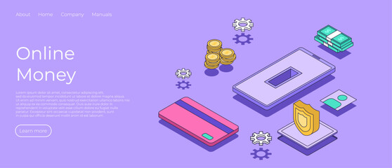 Personal online banking and internet money transaction. Online Mobile Banking and Internet banking isometric design concept. Financial management online service accumulation and investment of funds - obrazy, fototapety, plakaty