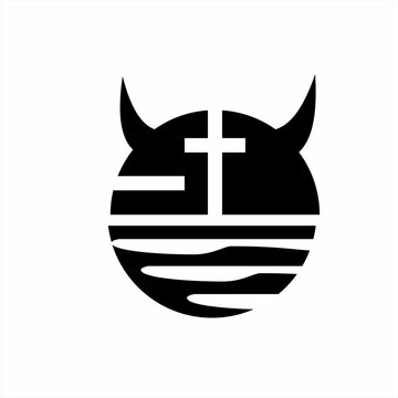Logo design illustration of a devil symbol and a cross in negative space with the letter S D concept.