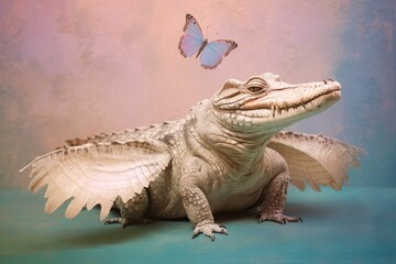 Studio portrait of butterfly crocodile with butterfly wings