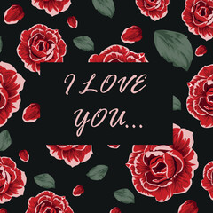Valentine's Day greeting card consisting of rose buds, rose petals, green leaves and text on a black background
