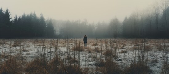 A woman stands in a winter meadow in the forest. - Powered by Adobe