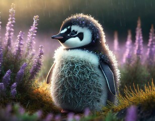 Portrait of a cute little baby penguin bird in a winter in garden full of blooming lavender...
