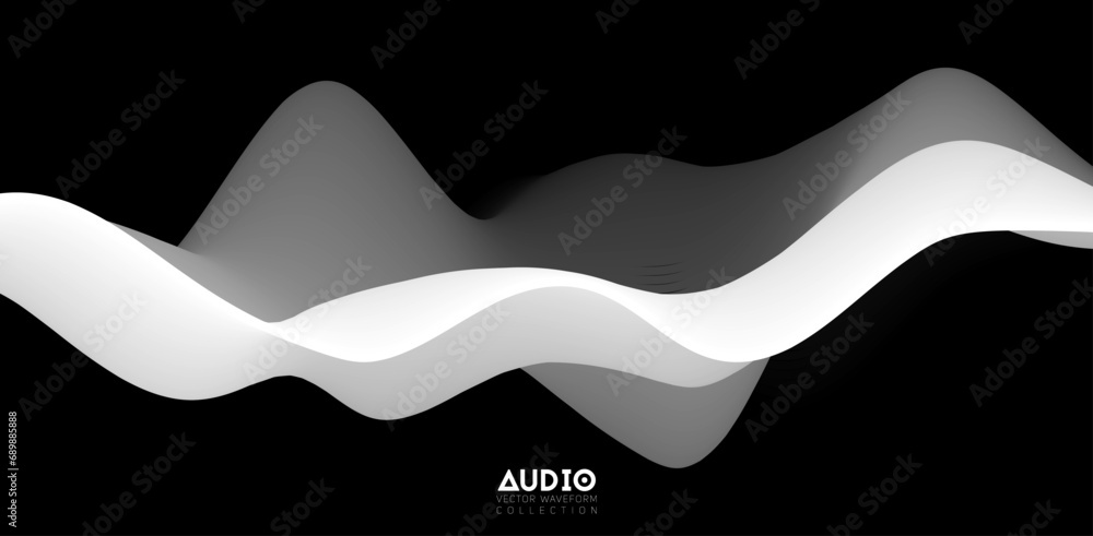 Poster sound wave visualiztion. 3d black and white solid waveform. voice sample pattern.