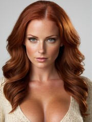 Naklejka premium Attractive and sexy woman with big boobs posing in stylish clothes with cleavage, looking pretty and cute