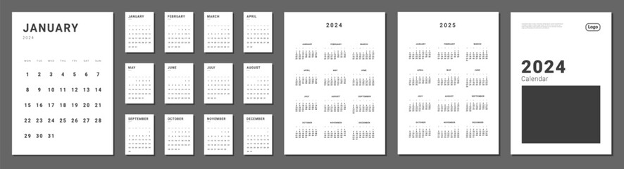 Set of monthly calendar planner page templates for 2024 and cover with Place for Photo and Company Logo. Vector layout minimalist calendar with week start on Monday for print. Page for size A4