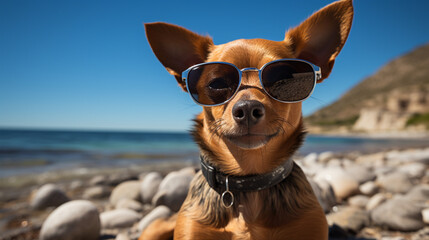 funny chihuahua dog posing on a beach in sunglasses. generative ai