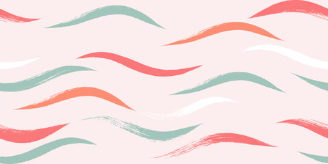 Seamless Wave Pattern, Hand drawn pink vector background. Wavy girly brush stroke, curly grunge paint lines, watercolor illustration
