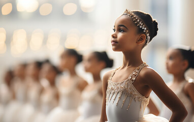 Black-skinned 7 years old ballerina in dance studio - ballet and dancer concept