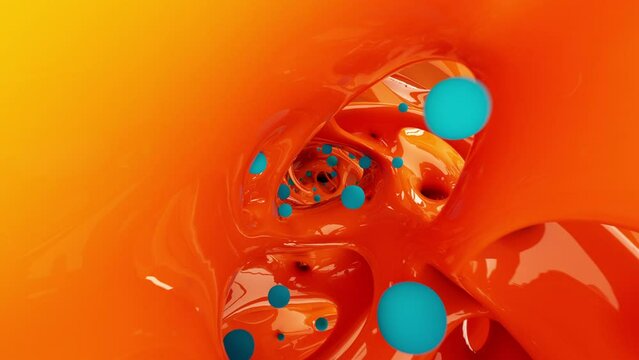 Flight through orange abstract surreal organic alien structure in curve wavy bio forms with blue spheres. Seamless looping. 3D Animation. 4k. 3840x2160.