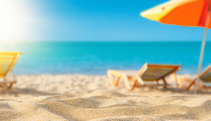 Fototapeta na wymiar Abstract Blurred background beach chairs and umbrella on the beach AI generated