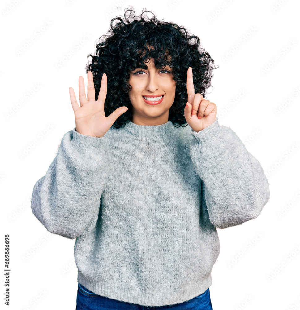 Sticker young middle east girl wearing casual clothes showing and pointing up with fingers number six while 