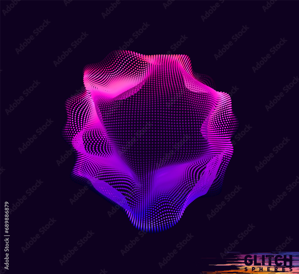 Poster corrupted violet point sphere. abstract vector colorful mesh on dark background. futuristic style ca