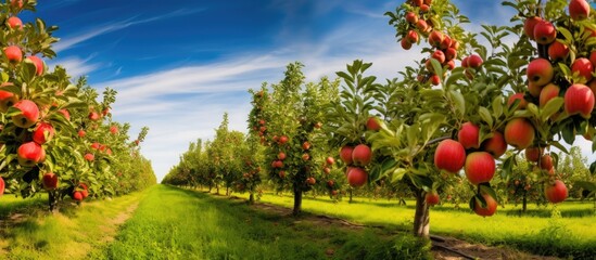 Apple trees line a contemporary farm, producing ripe fruit for harvest and international...