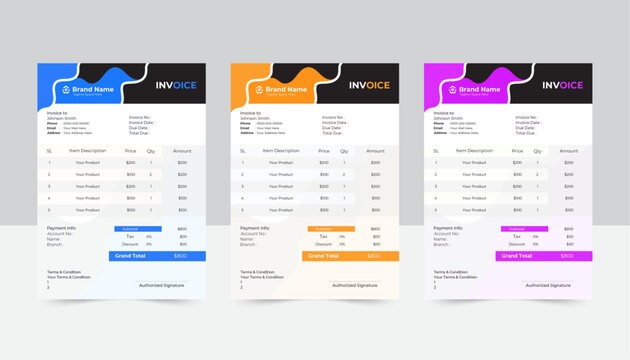 Modern and creative invoice layout | Four color variation invoice design bundle for your company