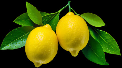 Fresh Dewy Lemons with Green Leaves Isolated on Black Background