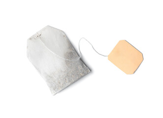 Tea bag on white background top view