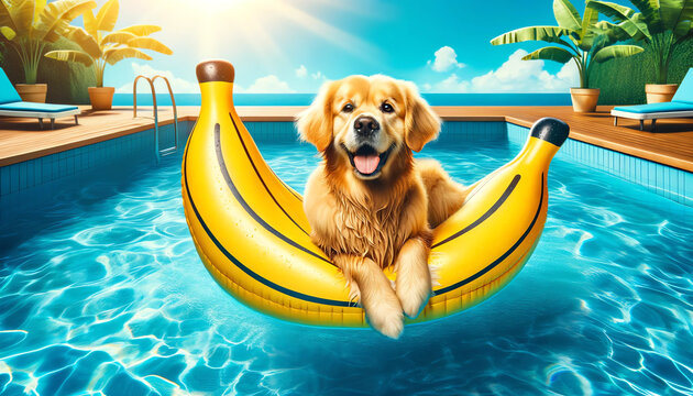 wallpaper of a fun golden retriever in a pool, relaxing on a banana-shaped float