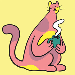 cat in vector.pet in flat style. cartoon cat drink coffee. Template for logo poster icon for application website. A series of animal images in flat style