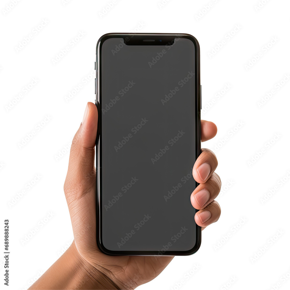 Poster hand holding smartphone isolated on transparent background with clipping path