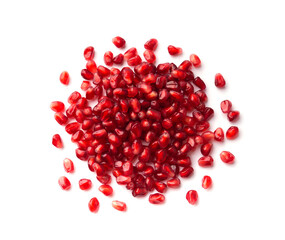 Pomegranate seeds isolated on white background, close up