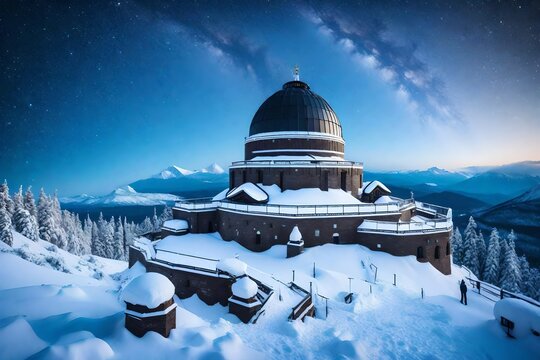 Craft an image showcasing a snow-covered observatory atop a mountain peak, under a starry wintry sky