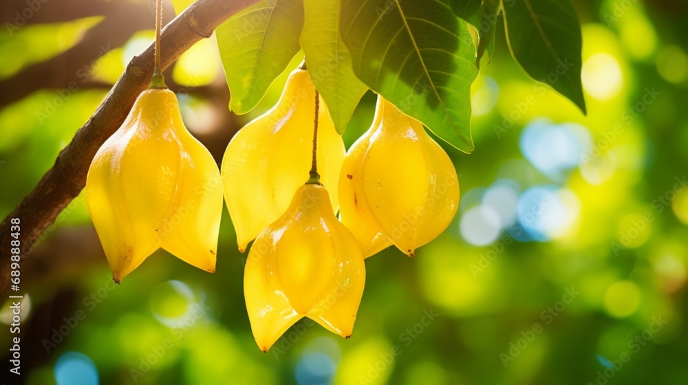 Poster a pair of star fruits with a defocussed natural backdrop hanging on a branch - ai generative