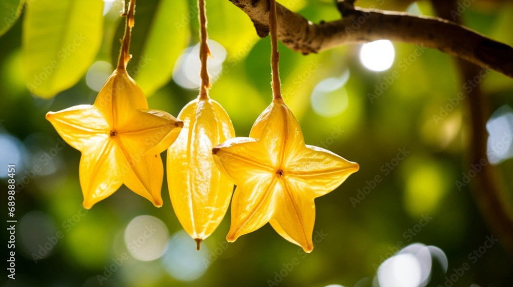 Poster a pair of star fruits with a defocussed natural backdrop hanging on a branch - ai generative