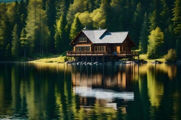 Fototapeta na wymiar Capture the beauty of a serene lakeside cottage nestled among tall trees, with the lake shimmering in the background