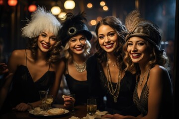Beautiful flappers dressed in style of Roaring twenties . Vintage, retro party, fashion, girls friends, 1920s 1930s style gentlemen in a luxury, Flapper Chicago gangsters, nightlife elegance. - obrazy, fototapety, plakaty