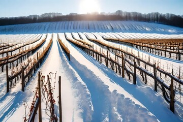 Generate a picturesque snowy vineyard, with dormant grapevines covered in a soft blanket of snow