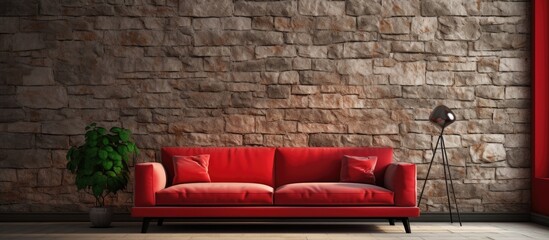 AI rendering of a living room with a red sofa and stone wall.